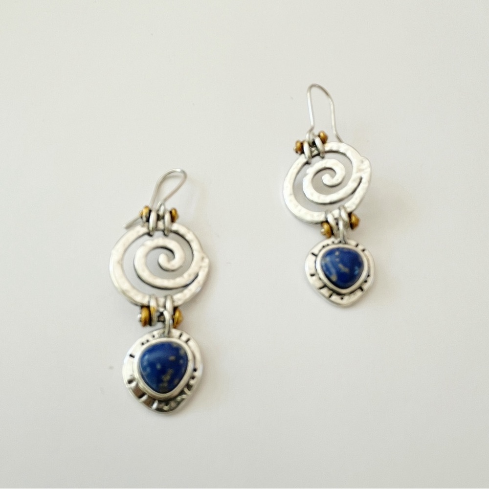 Natural Blue Lapis Lazuli Boho Ethnic Antique Silver Dangling Earrings - NWT - Picture 5 of 12